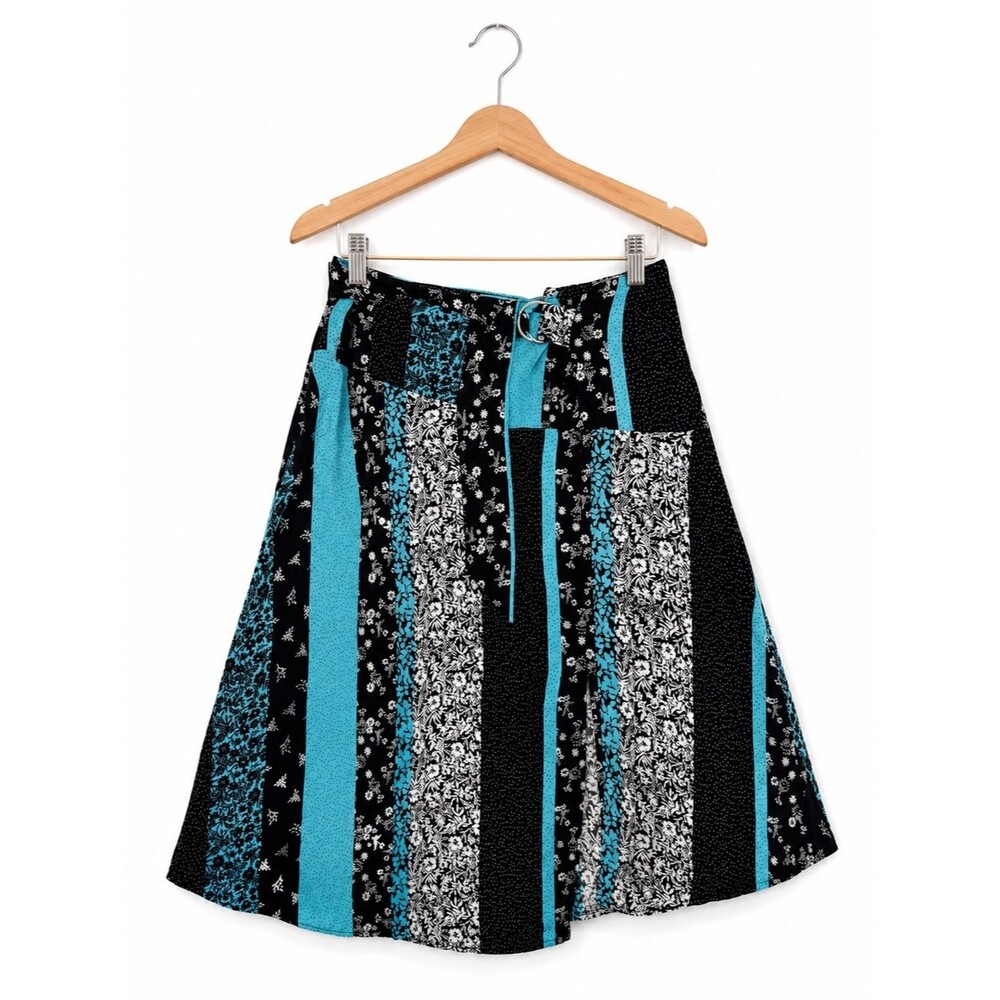 Laundry By Shelli Segal Patchwork Blue Black Floral A-Line Midi Skirt Size XL